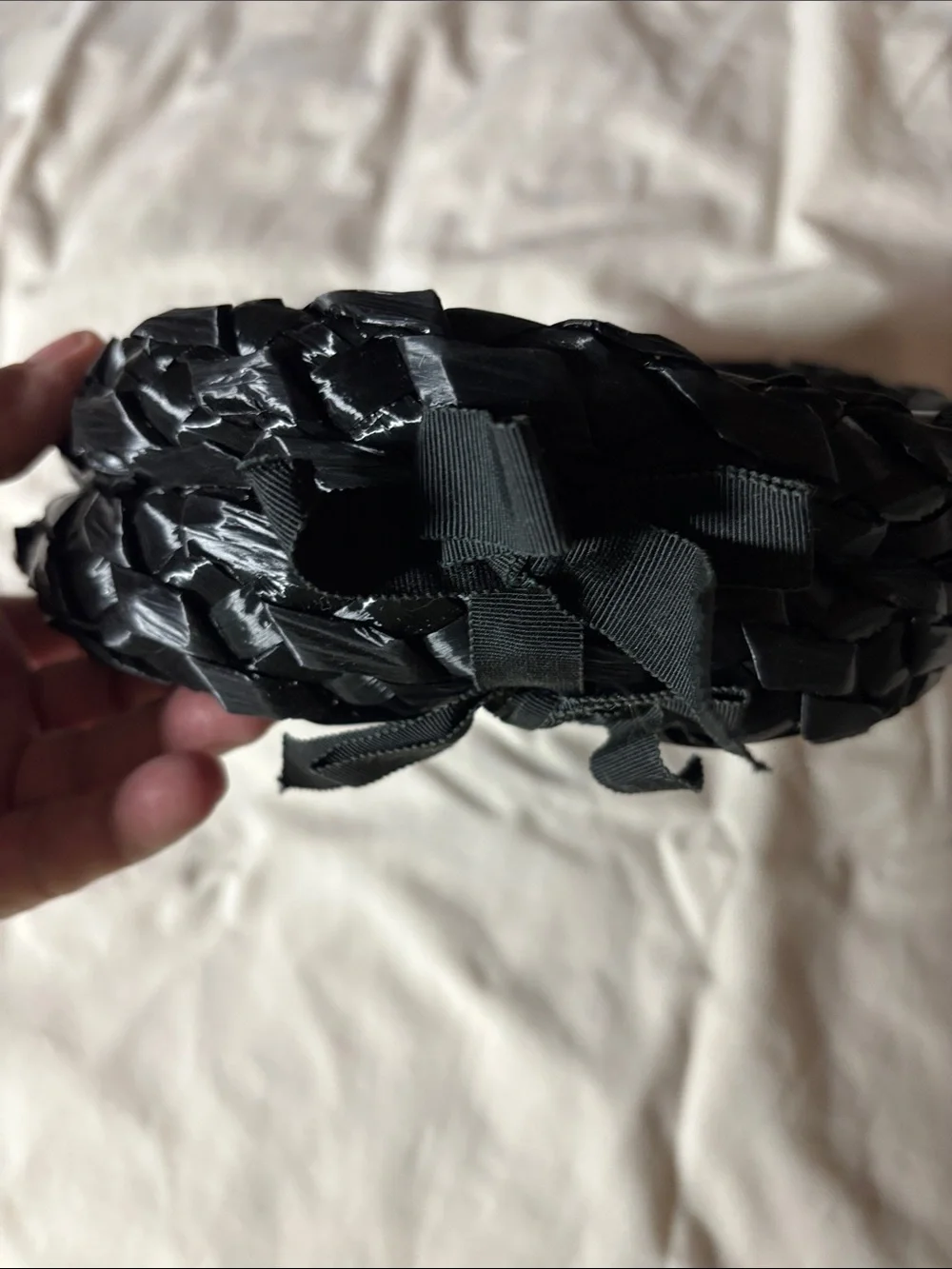 Vintage Black Woven Straw Cloche Hat